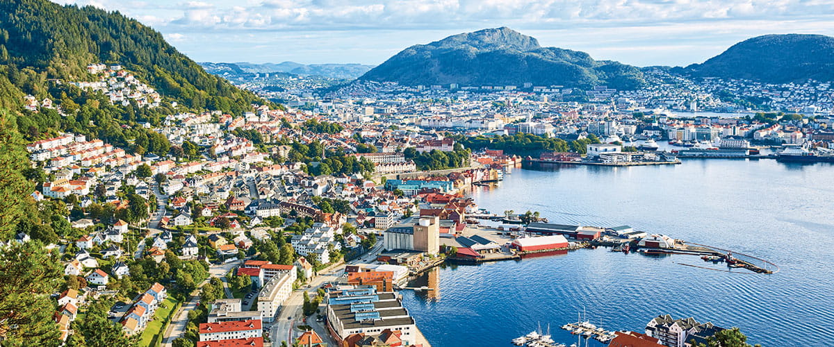 An aerial view over Bergen, Norway